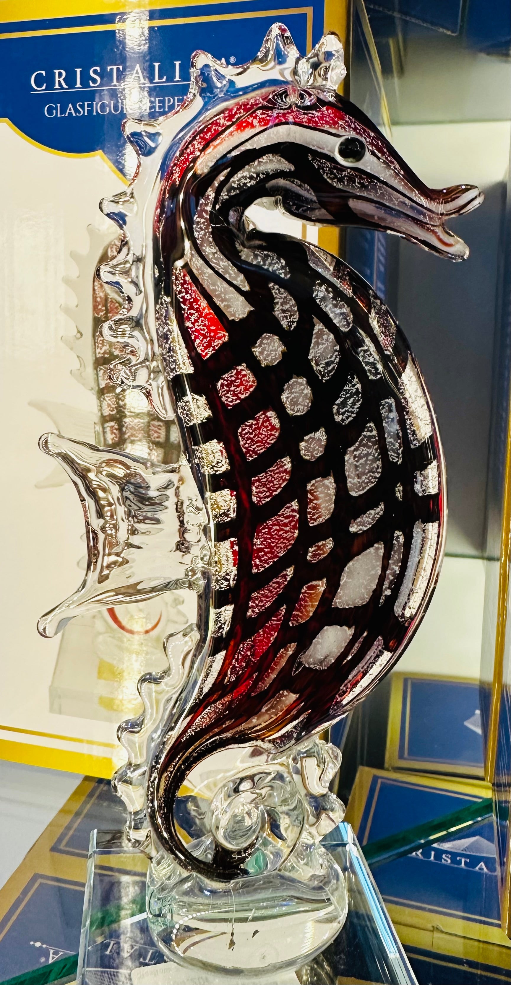 Glasfigur Seepferd Höhe ca. 25cm Schwarz/Rot/Grau Handarbeit