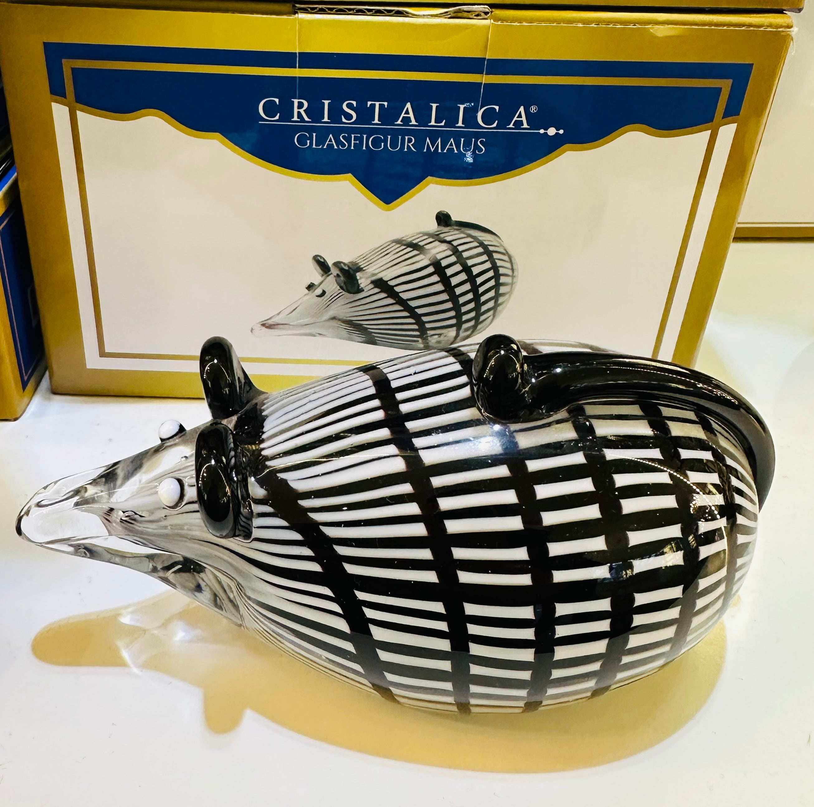 Glasfigur Maus Höhe ca. 7,5cm/ Länge ca. 14,5cm Schwarz/Grau/Weiß Handarbeit