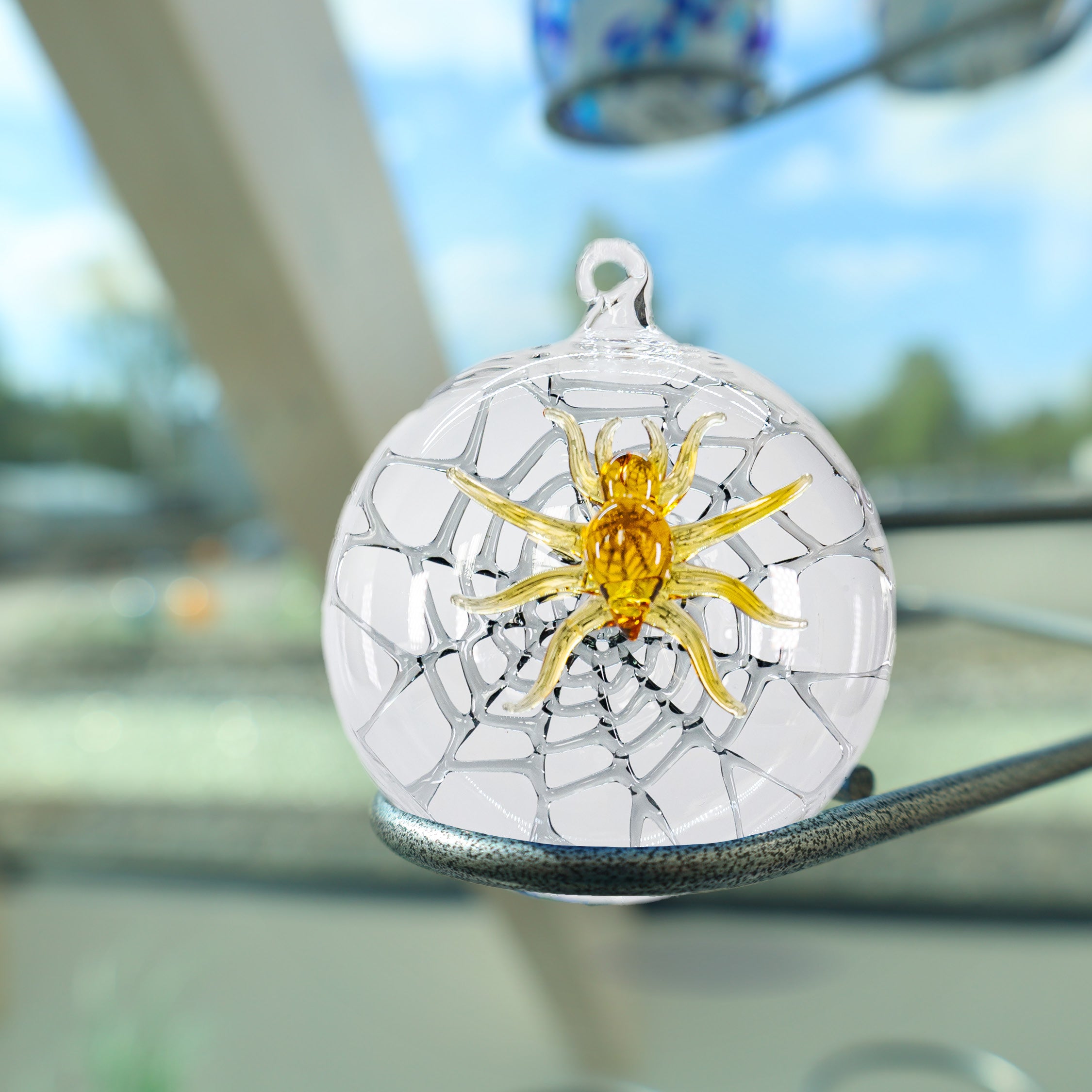 Glas Hängekugel mit Spinne Gelb/Grau/Transparent Breite ca. 10,5cm, Fensterdeko Handarbeit