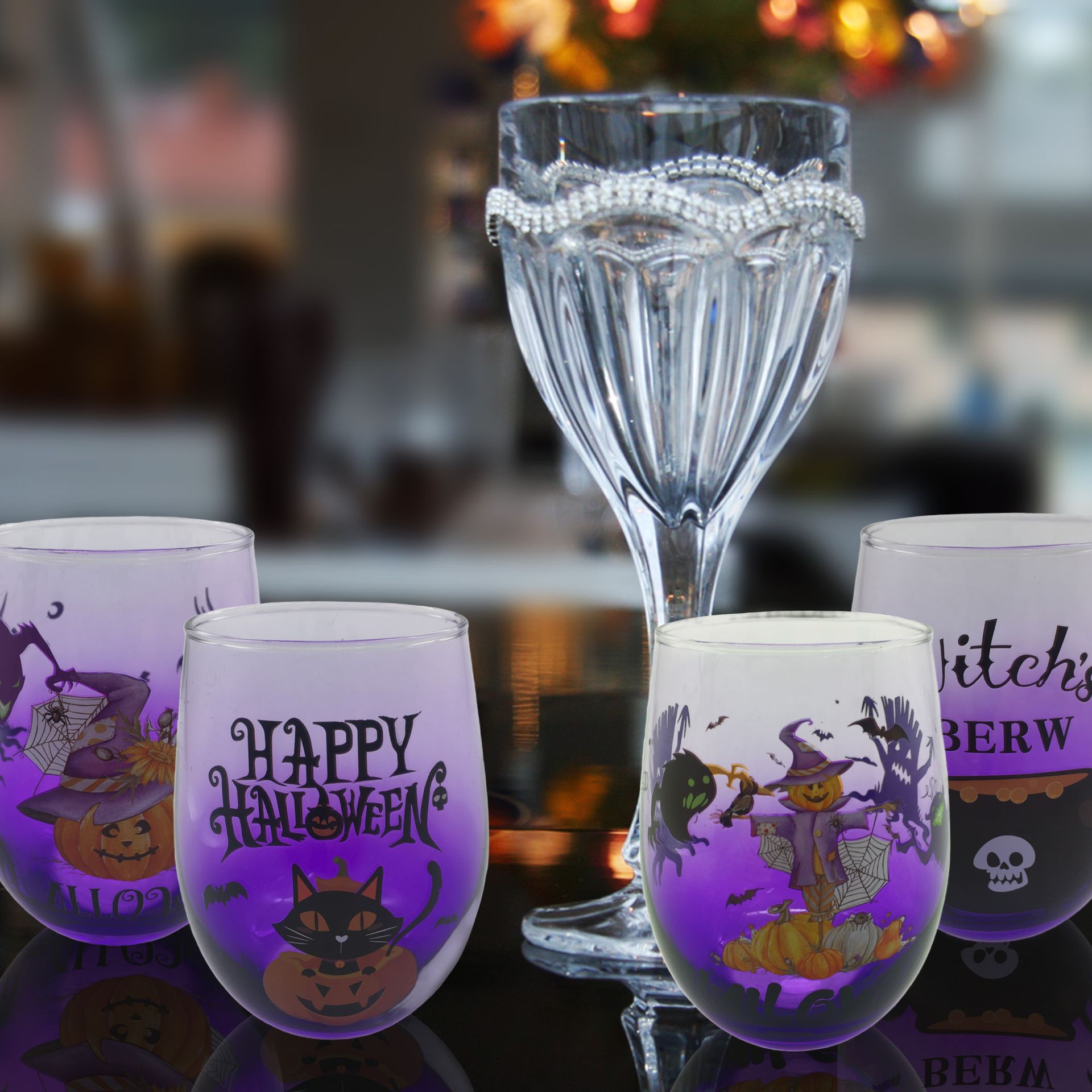 4er Set Trinkgläser mit Halloween Motiv, Lila Höhe ca. 12cm, 500ml