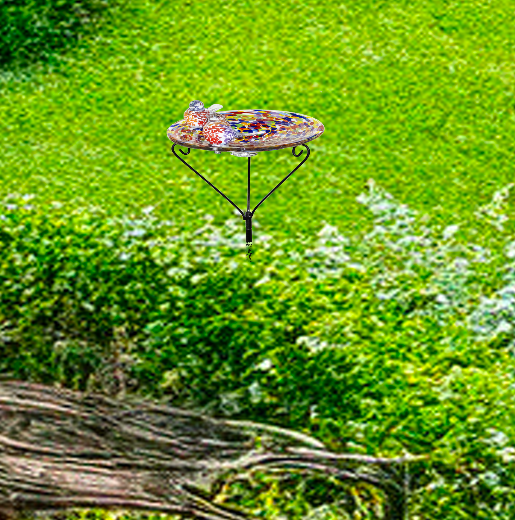 Vogeltränke mit 2 Vögel, inkl. Stab Gartenflair Blau/Rot/Bunt Handarbeit