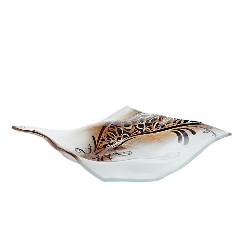 Glasschale Teller quadratisch Design Objekt Fusingglas weiß gold 32cm Handmade