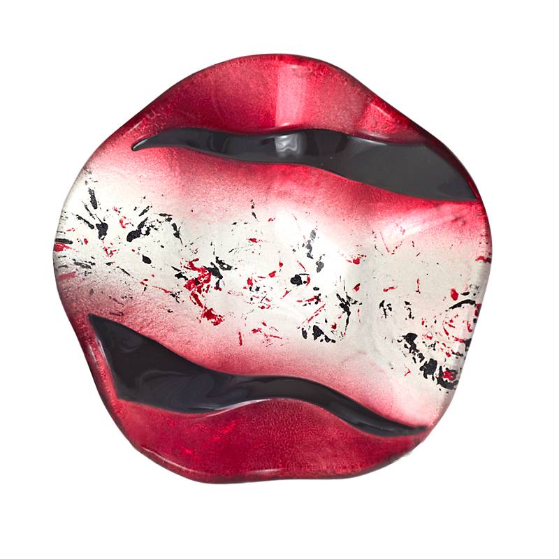 Kerzenhalter Schale Teller Blüte gewellt Deko Fusingglas weiß rot 14cm Handmade