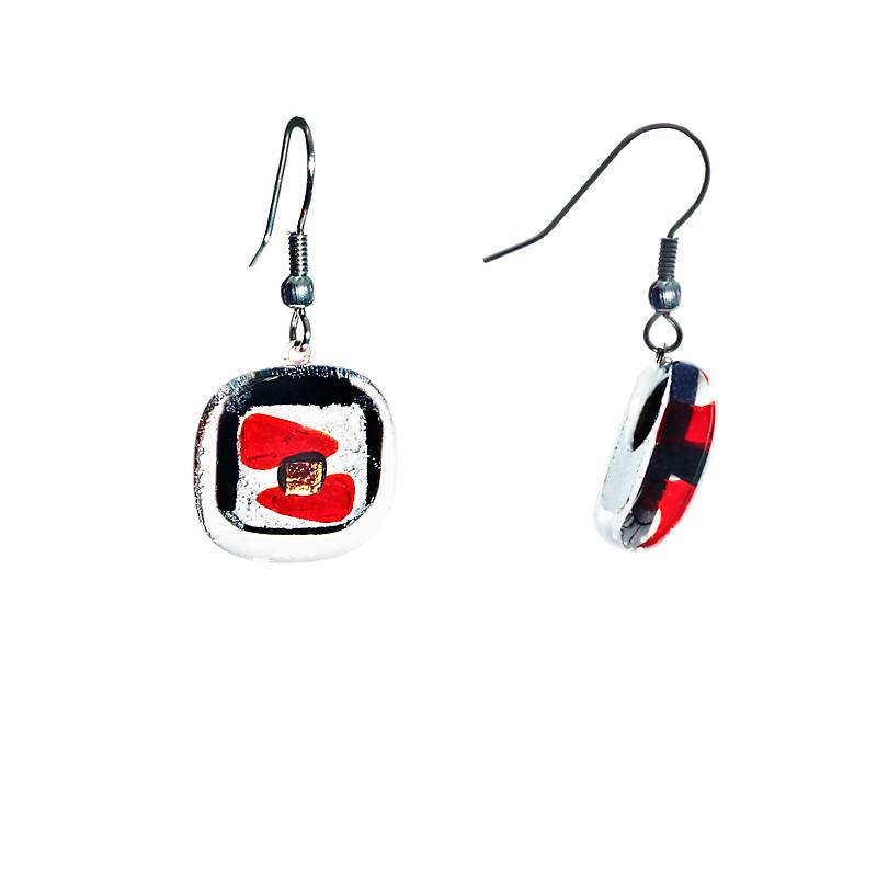 Ohrringe mit Glasstein Rot Weiß Fusing