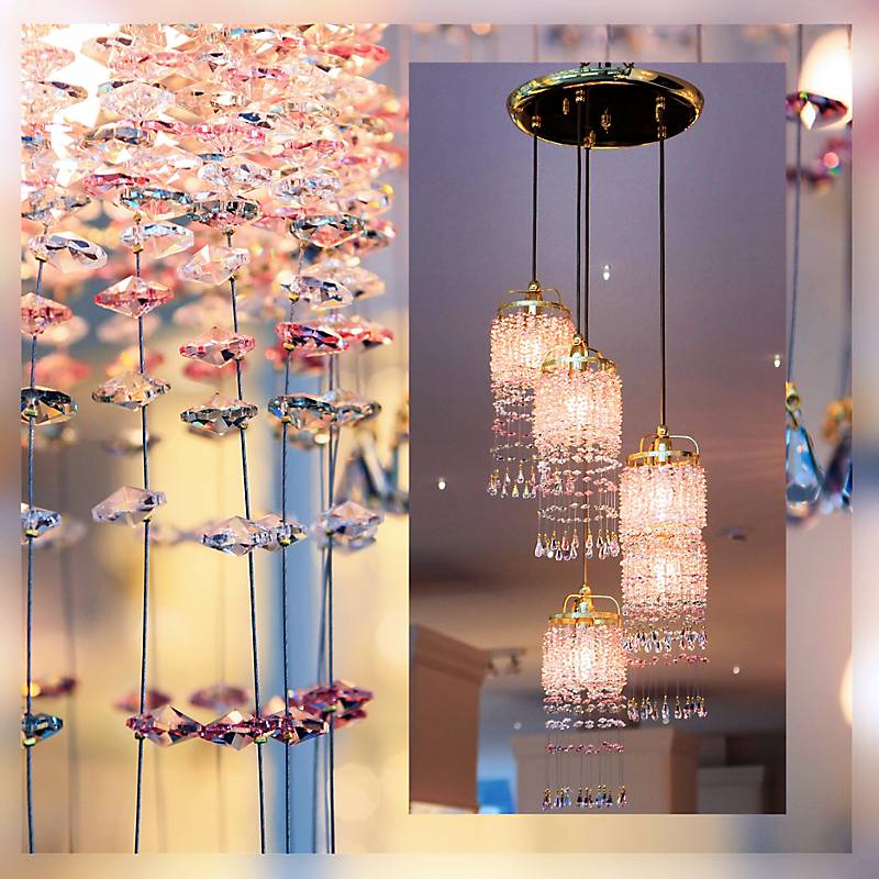 Kronleuchter Lisa Erleuchtung, Rosa/Transparent/Gold, aus Glas