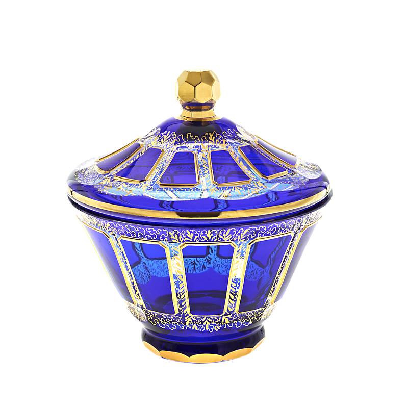 Dose mit Deckel Blue Queen 19 cm, Blau/Gold, aus Glas