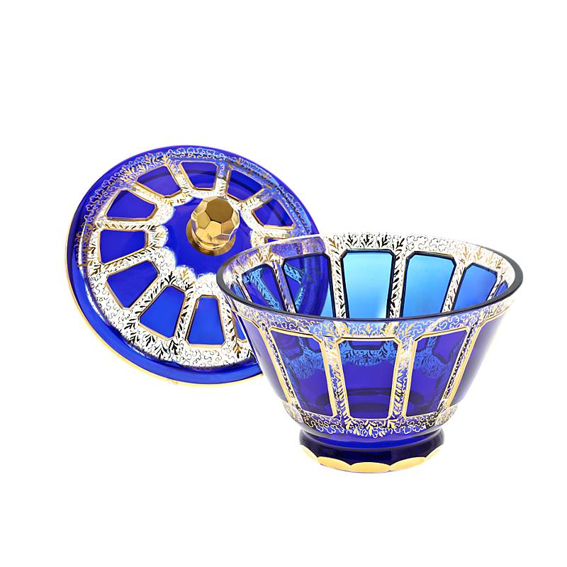 Dose mit Deckel Blue Queen 19 cm, Blau/Gold, aus Glas