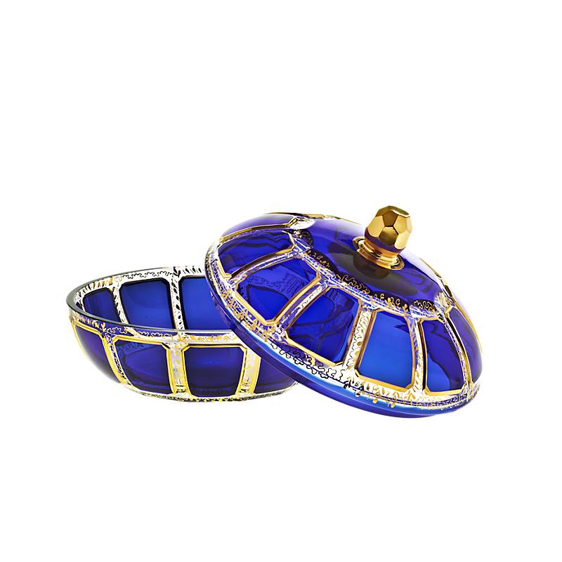 Dose mit Deckel Blue Queen 18 cm, Blau/Gold, aus Glas