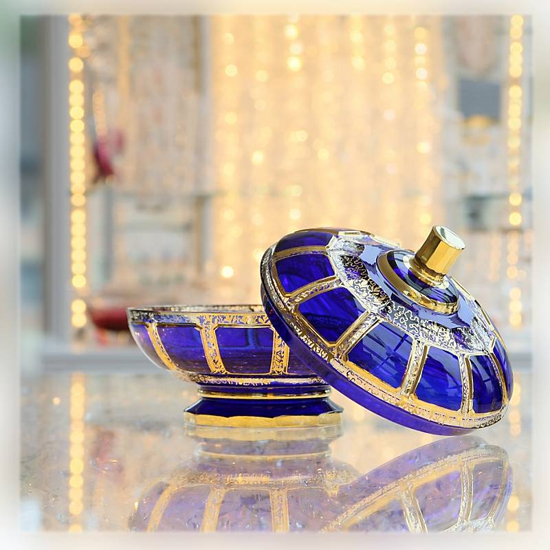 Dose mit Deckel Blue Queen 18 cm, Blau/Gold, aus Glas