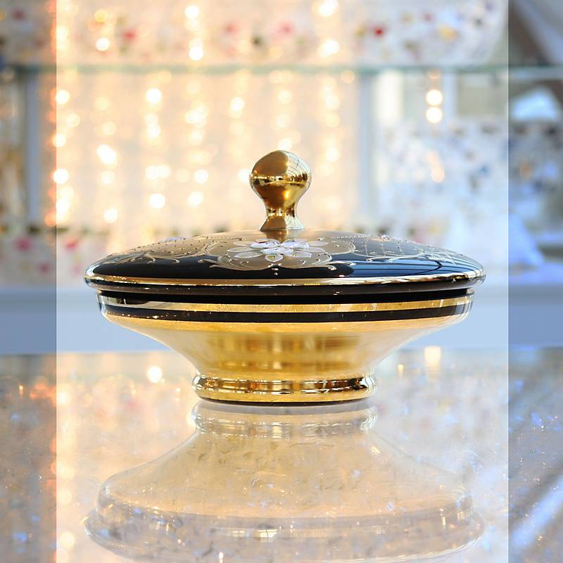 Dose mit Deckel Black Queen 22 cm, Gold/Braun, aus Glas