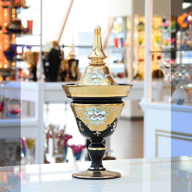 Dose mit Deckel Black Queen 36 cm, Gold/Braun, aus Glas
