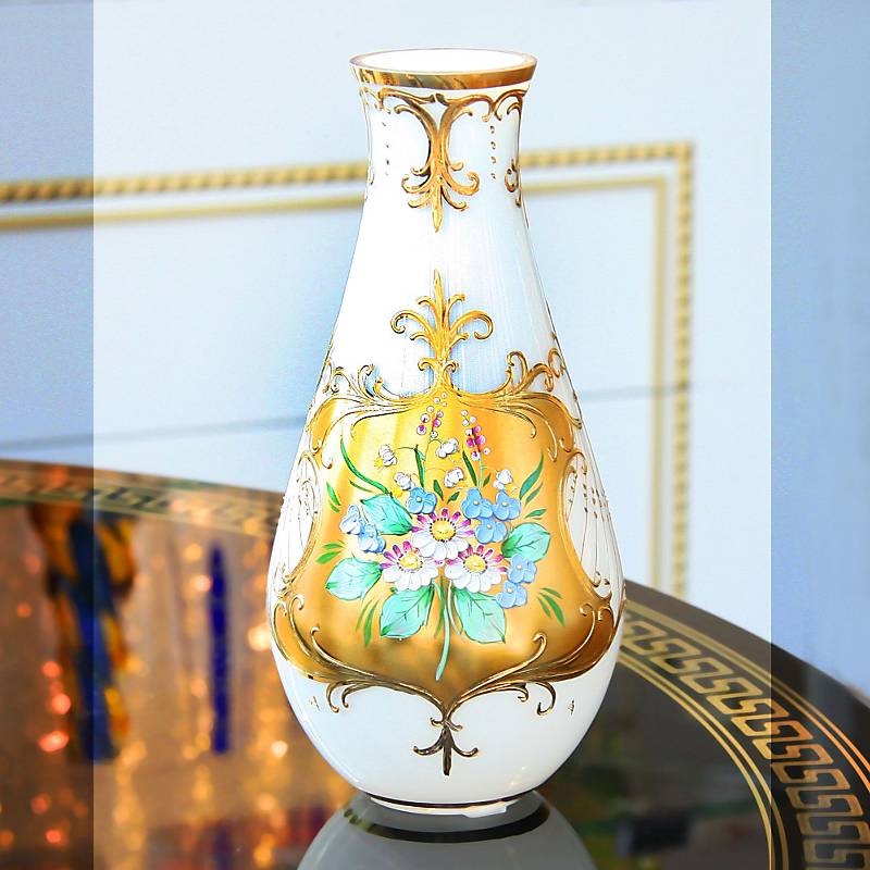 Vase White Queen 25 cm, Weiß/Gold, aus Glas