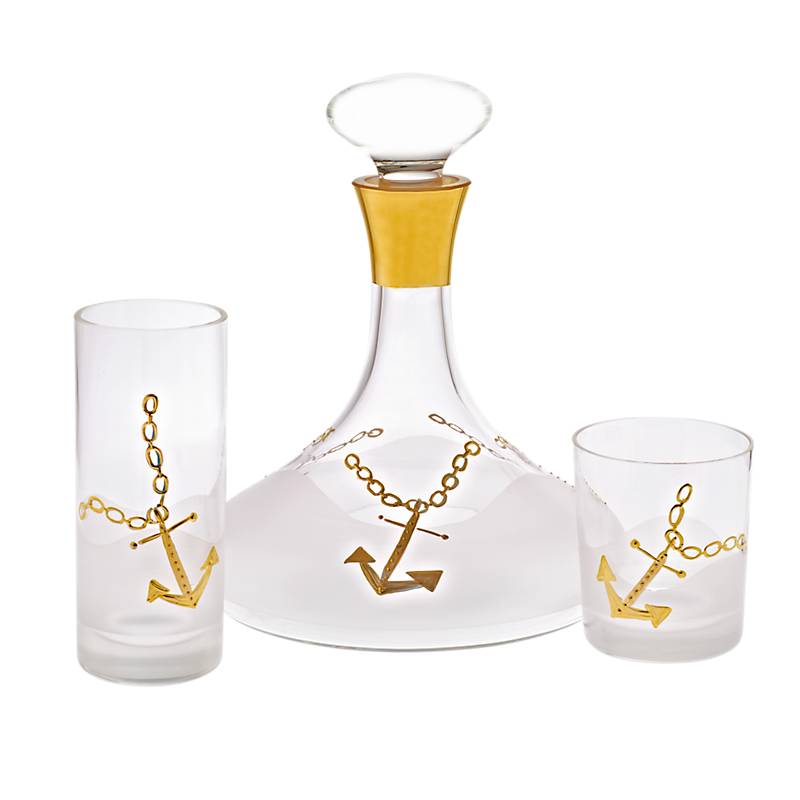Karaffe mit Verschluss gold/Anker, 1200ml, aus Glas