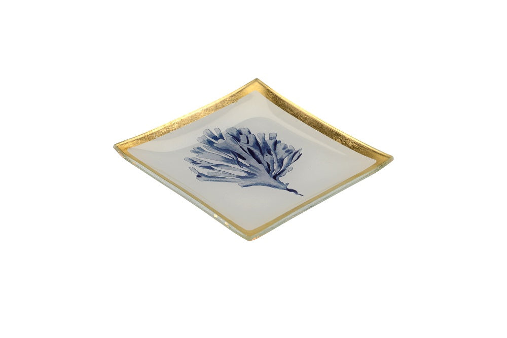 Glasteller Goldrand Koralle weiß blau Maritim 10x10cm