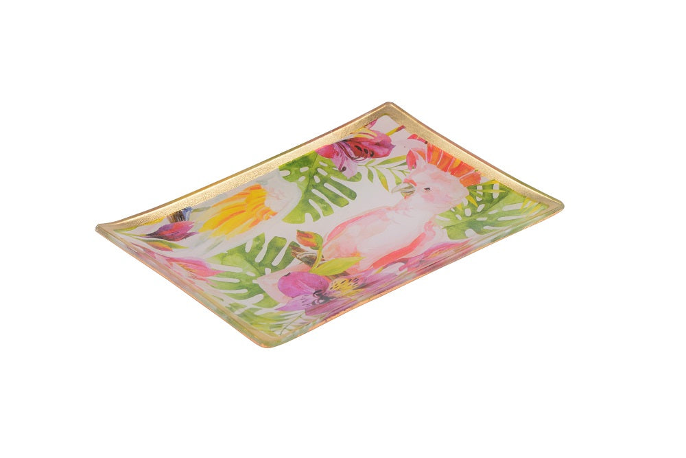 Glasteller Goldrand Papagei bunt Tropical 14x10cm